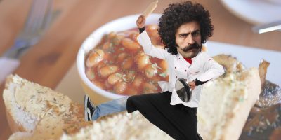 cook in front of beans background